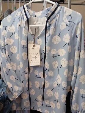 MissMiss byValentina Celeste SkyBlueBlouseFloral Tie-Neck MadeinItaly